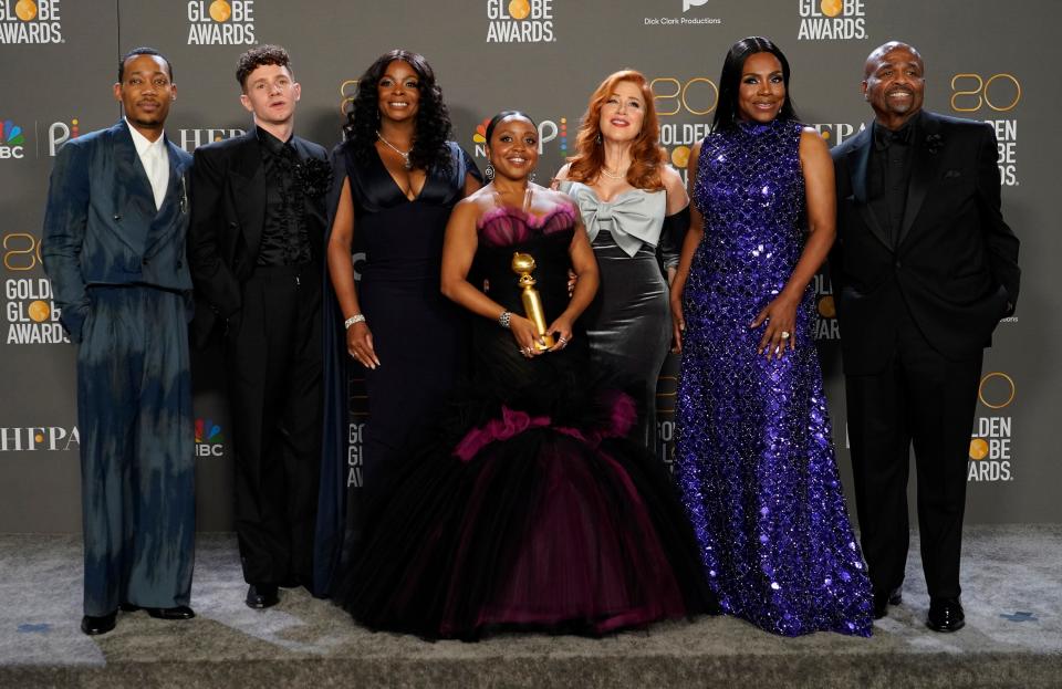 Tyler James Williams (left), Chris Perfetti, Janelle James, Quinta Brunson, Lisa Ann Walter, Sheryl Lee Ralph and William Stanford Davis of ABC's "Abbott Elementary" at the Golden Globe Awards in January 2023.