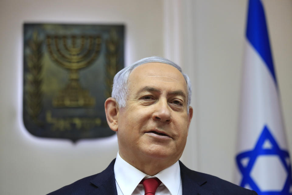 Israeli Prime Minister Benjamin Netanyahu speaks during the weekly cabinet meeting at the Prime Minister's office in Jerusalem, Sunday, May 19, 2019 (AP Photo/Ariel Schalit, Pool)