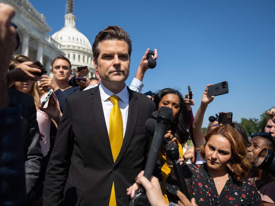 Gaetz surrounded by reporters outside the Capitol on Monday.