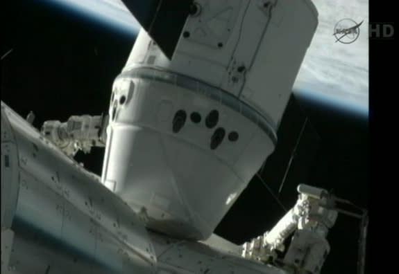 The Dragon capsule is attached to the International Space Station on May 25, 2012.