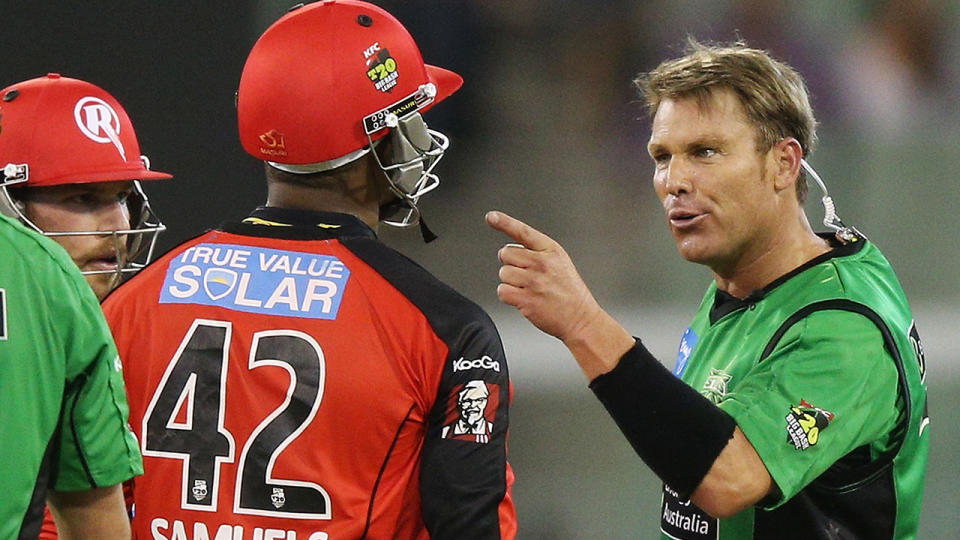 Marlon Samuels and Shane Warne, pictured here during a Big Bash game in 2013.