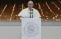 Pope Francis delivers his speech during an Interreligious meeting at the Founder's Memorial in Abu Dhabi, United Arab Emirates, Monday, Feb. 4, 2019. Pope Francis arrived in Abu Dhabi on Sunday. His visit represents the first papal trip ever to the Arabian Peninsula, the birthplace of Islam. (AP Photo/Andrew Medichini)