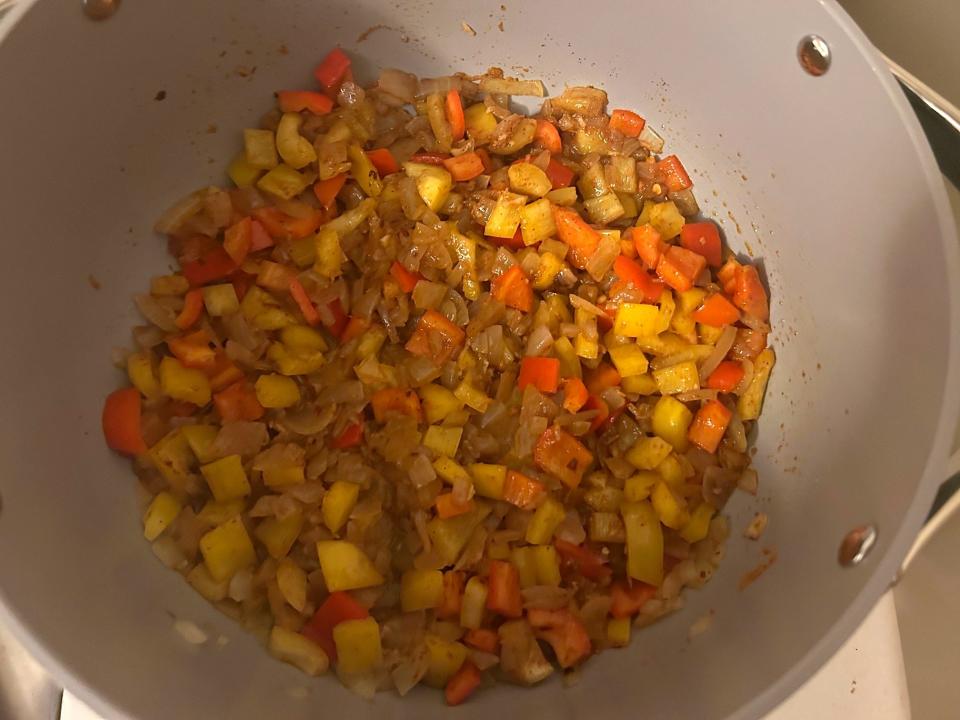 Cooking veggies for Ina Garten's Chicken Chili