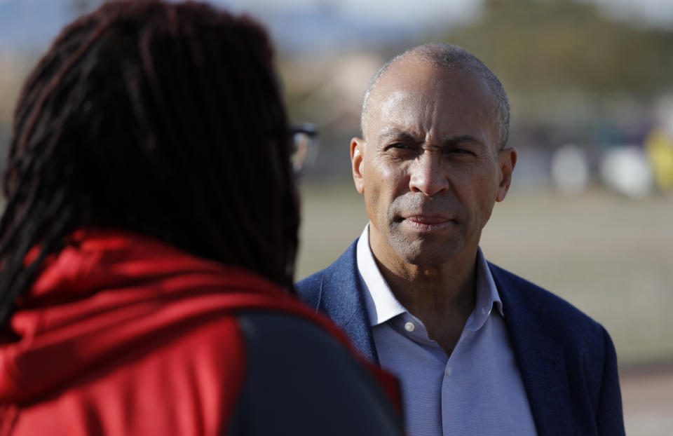 Democratic presidential candidate former Massachusetts Gov. Deval Patrick tours a community garden Tuesday, Dec. 17, 2019, in Las Vegas. (AP Photo/John Locher)