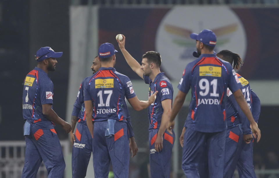 Mark Wood of Lucknow Super Giants celebrates after taking five wickets during the Indian Premier League cricket match against Delhi Capitals in Lucknow, India, Saturday, April 1, 2023. (AP Photo/Surjeet Yadav)