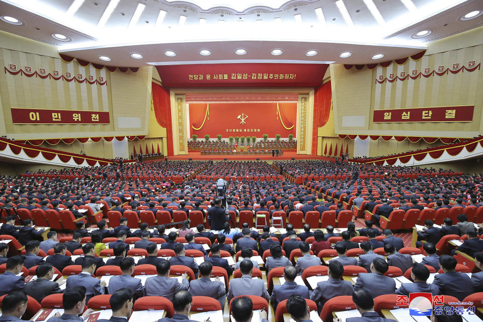 In this photo provided by the North Korean government, a ruling party congress is held in Pyongyang, North Korea Tuesday, Jan. 5, 2021. North Korean leader Kim Jong Un opened its first Workers’ Party Congress in five years with an admission of policy failures and a vow to lay out new developmental goals, state media reported Wednesday. Independent journalists were not given access to cover the event depicted in this image distributed by the North Korean government. The content of this image is as provided and cannot be independently verified. Korean language watermark on image as provided by source reads: "KCNA" which is the abbreviation for Korean Central News Agency. (Korean Central News Agency/Korea News Service via AP)
