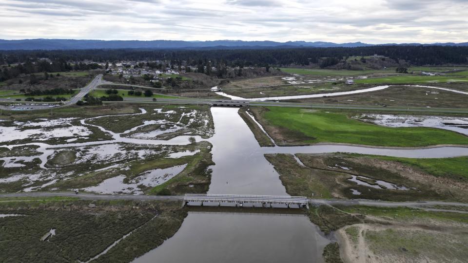 Drone photo shows an area of the Elk River that's been the site a salmon restoration project in Eureka, Calif., Monday, Jan. 29, 2024. (AP Photo/Terry Chea)