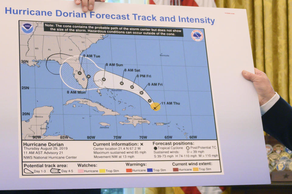 The map President Donald Trump displayed Wednesday included what appeared to be a Sharpie-drawn extension of the area Hurricane Dorian might hit. (Photo: JIM WATSON via Getty Images)