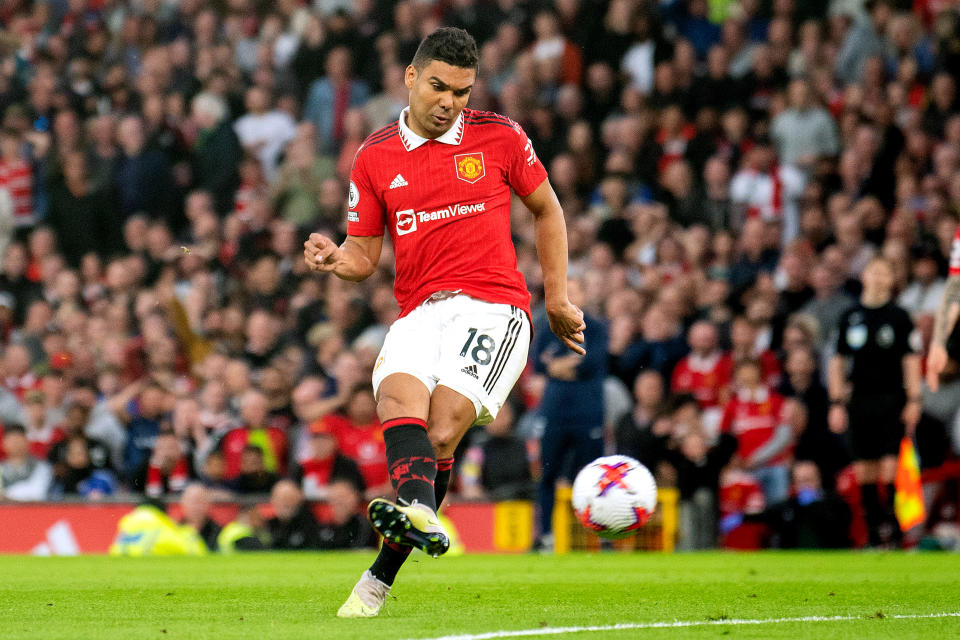 MANCHESTER, ENGLAND - MAY 25: Casemiro of Manchester United controls the ball during the Premier League match between Manchester United and Chelsea FC at Old Trafford on May 25, 2023 in Manchester, England. (Photo by Ash Donelon/Manchester United via Getty Images)