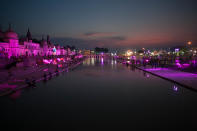 A view of decorated view of 'Ram Ki Paidi' Saryu river on a day before the arrival of Prime Minister Narendra Modi for Gournd breaking ceremony of Ram Temple ,during the Covid 19 pandemic, in Ayodhya, India on August 4, 2020. (Photo by Ritesh Shukla/NurPhoto via Getty Images)