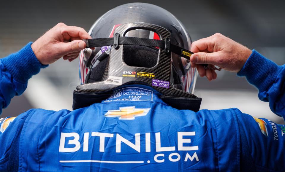 Ed Carpenter Racing driver Ryan Hunter-Reay (20) prepares Friday, Aug. 11, 2023, for qualifications in preparation for the Gallagher Grand Prix Saturday at Indianapolis Motor Speedway. 