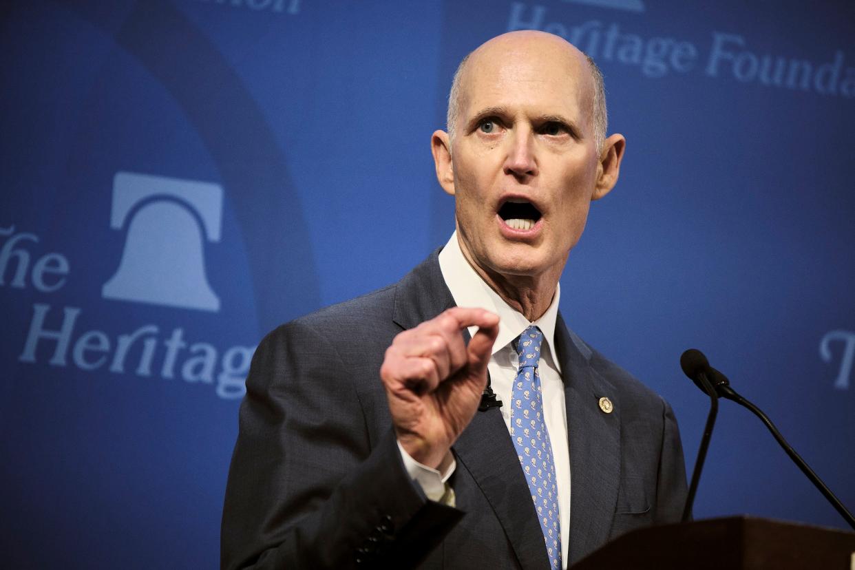 Sen. Rick Scott promotes his “Plan to Rescue America” at an event at the Heritage Foundation in Washington, on Thursday, March 31, 2022.