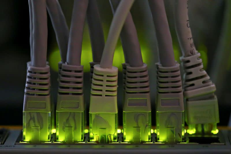 FILE PHOTO: LAN network cables plugged into a Bitcoin mining computer server are pictured in Bitminer Factory in Florence