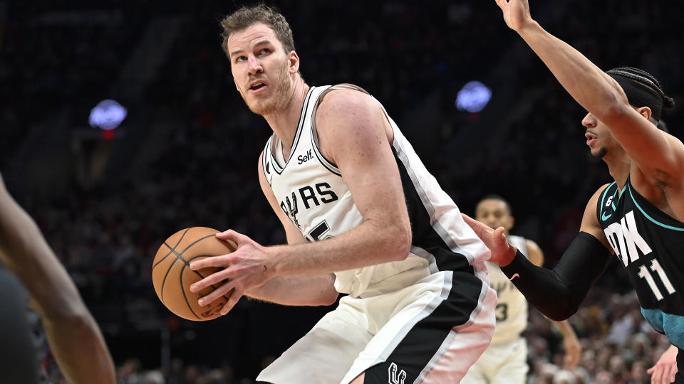 Jakob Poeltl continues to be linked to the Raptors ahead of the Feb. 9 trade deadline. (Photo by Alika Jenner/Getty Images)