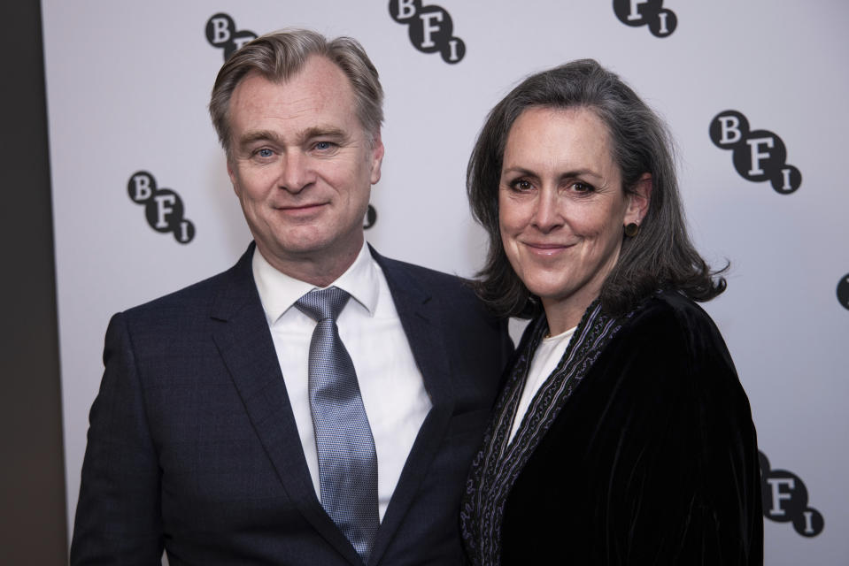 Christopher Nolan, left, and Emma Thomas attend the BFI Chairman's dinner during which Christopher Nolan is to be awarded a BFI Fellowship on Wednesday, Feb. 14, 2024 in London. (Vianney Le Caer/Invision/AP)