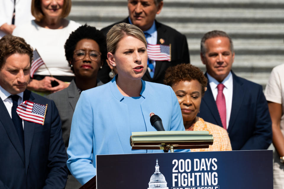 WASHINGTON, DC, UNITED STATES - 2019/07/25: U.S Representative Katie Hill (D-CA) speaking at a press event with House Democrats on the first 200 days of the 116th Congress, on the steps of the Capitol in Washington, DC. (Photo by Michael Brochstein/SOPA Images/LightRocket via Getty Images)