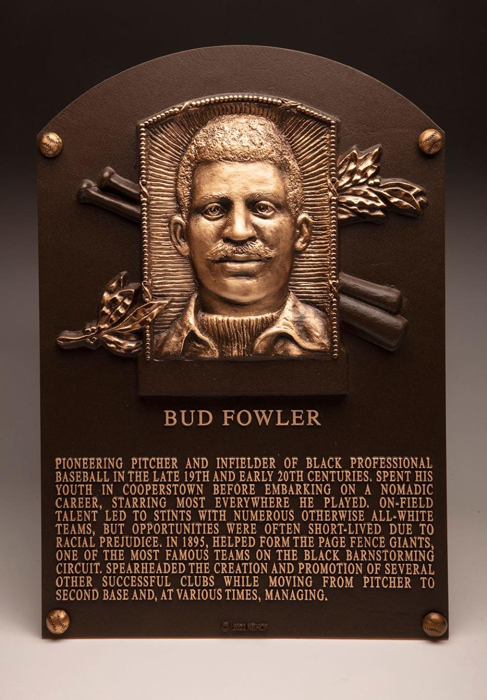 Bud Fowler's plaque at the National Baseball Hall of Fame is pictured. It mentions the Page Fence Giants, the all-Black team he co-founded in Adrian.