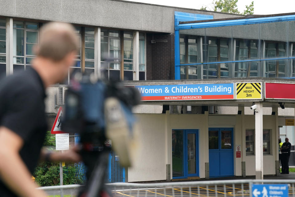 Members of the media outside the Countess of Chester Hospital after nurse Lucy Letby, 33, was found guilty at Manchester Crown Court of the murders of seven babies and the attempted murders of six others at the hospital August 18, 2023 Jacob King/Pool via REUTERS