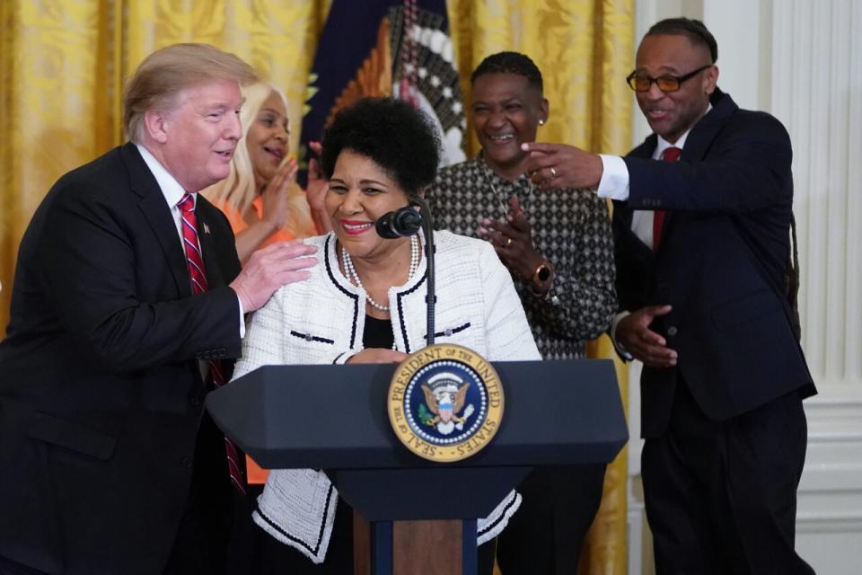 Alice Marie Johnson, who had her sentence commuted by President Donald Trump after she served 21 years in prison for cocaine trafficking, speaks during a celebration of the First Step Act in the East Room of the White House April 01, 2019 in Washington, DC. (Photo by Chip Somodevilla/Getty Images)