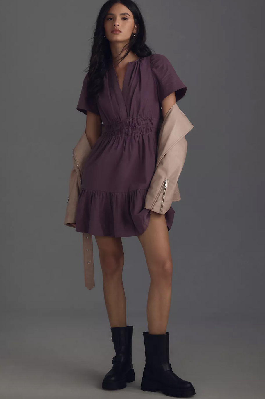 model wearing black boots and purple The Somerset Mini Dress: Corduroy Edition in lavender (photo via Anthropologie)