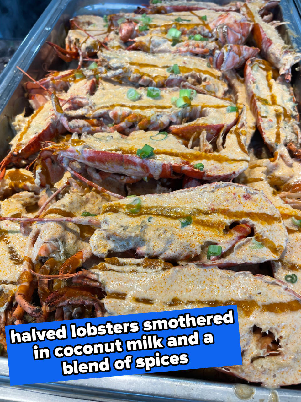 Tray of cooked lobsters topped with a creamy sauce and garnished with sliced green onions