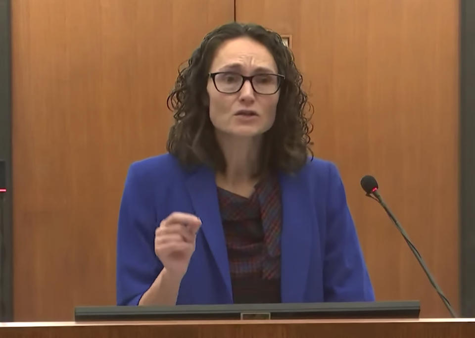 In this screen grab from video, Assistant Attorney General Erin Eldridge speaks as Hennepin County Judge Regina Chu presides over motions before court Tuesday, Dec. 14, 2021, in the trial of former Brooklyn Center police Officer Kim Potter in the April 11, 2021, death of Daunte Wright, at the Hennepin County Courthouse in Minneapolis, Minn. (Court TV via AP, Pool)