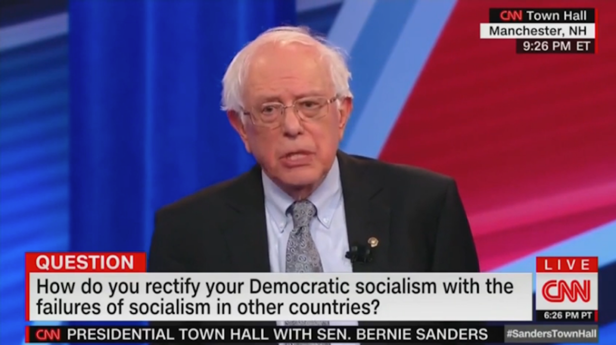 Bernie Sanders was asked at a CNN-sponsored town hall about socialism. <a href="https://www.cnn.com/videos/politics/2019/04/23/bernie-sanders-town-hall-failures-of-socialism-question-soviet-russia-sot-vpx.cnn" rel="nofollow noopener" target="_blank" data-ylk="slk:CNN screenshot;elm:context_link;itc:0;sec:content-canvas" class="link ">CNN screenshot</a>