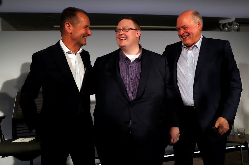 FILE PHOTO: Ford President and CEO Jim Hackett and Volkswagen AG CEO Dr. Herbert Diess at a news conference in New York