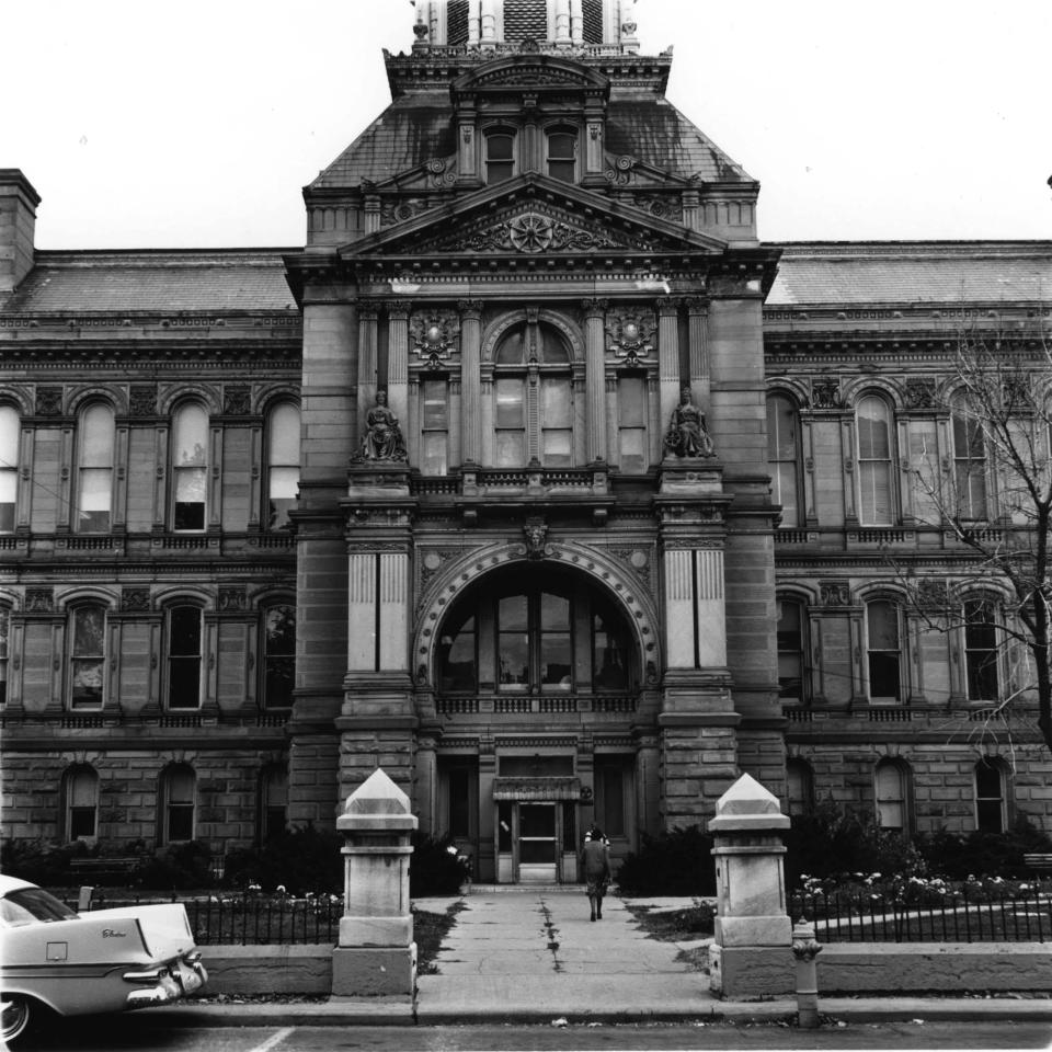 The ornate, occasionally poo-covered Delaware County Courthouse entrance in 1964.