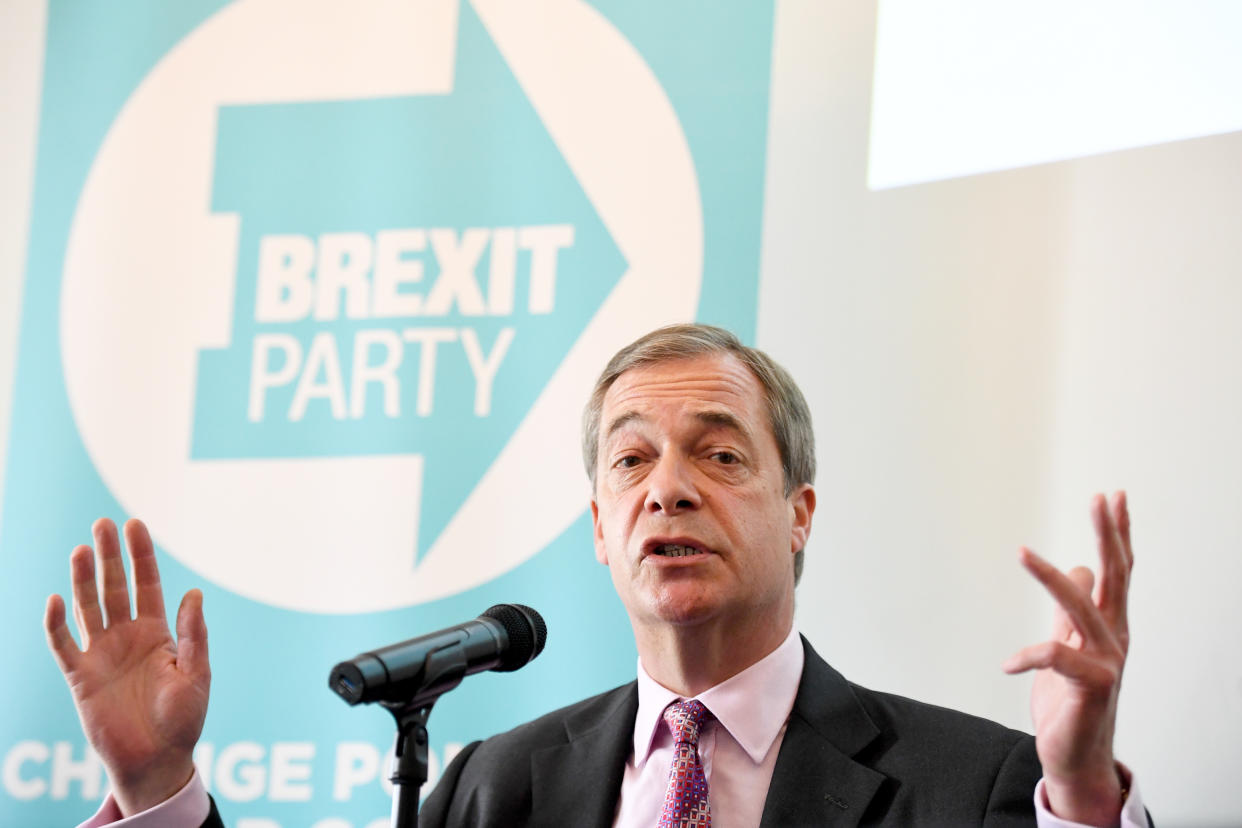 Brexit Party leader Nigel Farage during a presentation on postal votes at Carlton House Terrace in London.