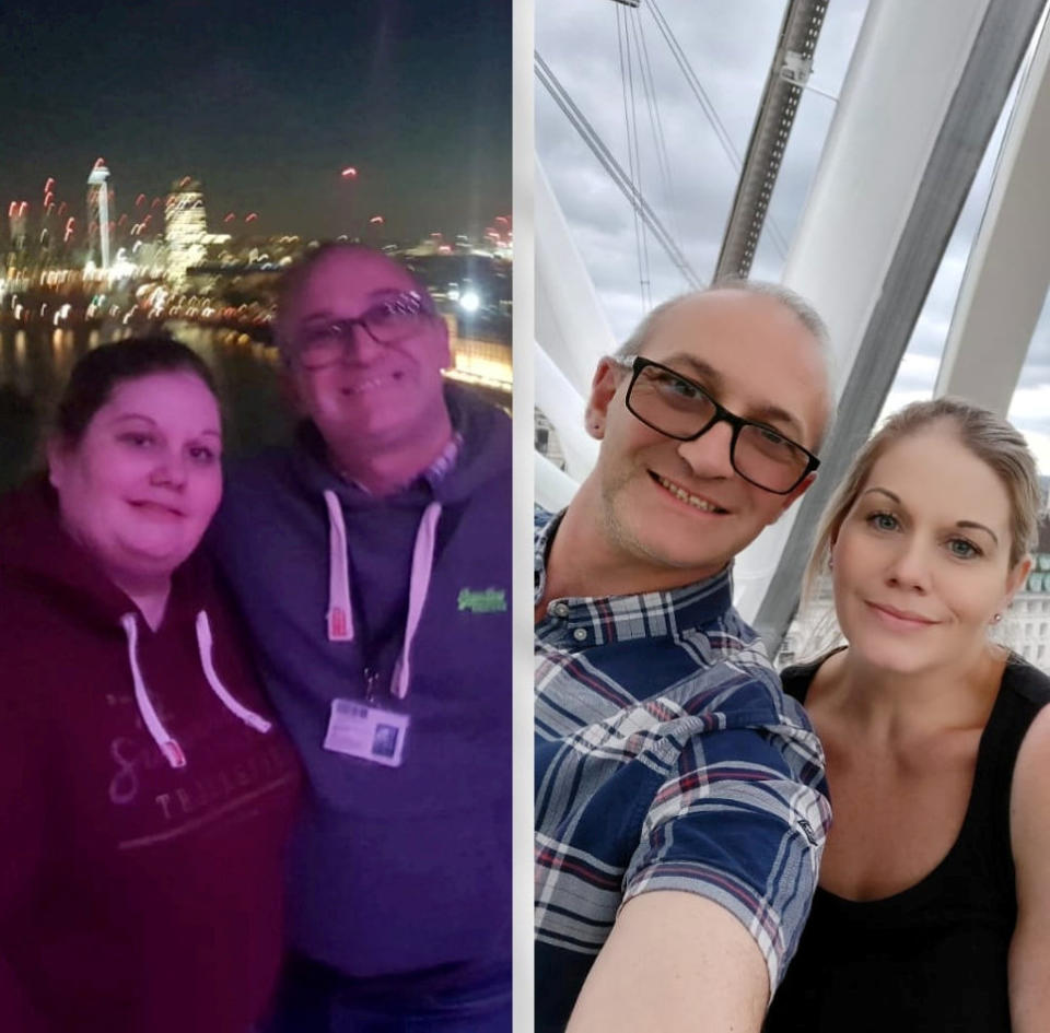 Lucy Nicoll and husband Phil Nicoll before and after her weight loss. (SWNS)