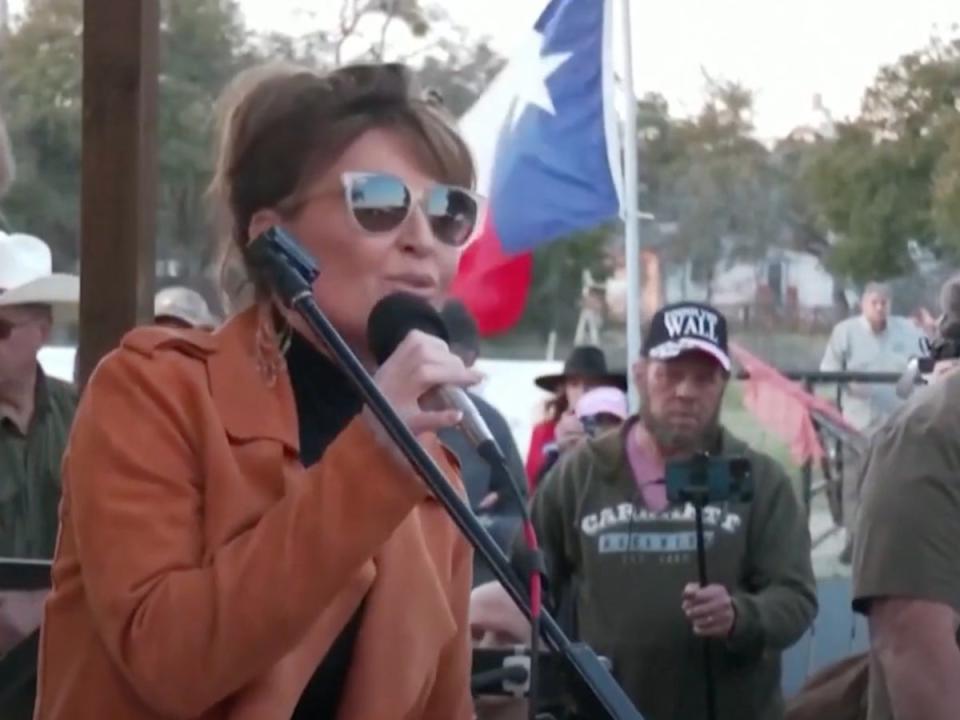 Former Alaska Governor Sarah Palin speaks to ‘Take Our Border Back’ convoy members in Dripping Springs, Texas (screengrab/KVUE)