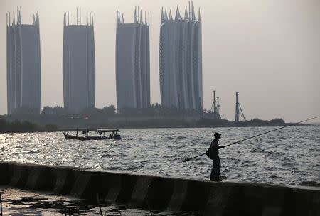 A man fishes along a seawall in north Jakarta November 12, 2014. Picture taken November 12, 2014. REUTERS/Darren Whiteside