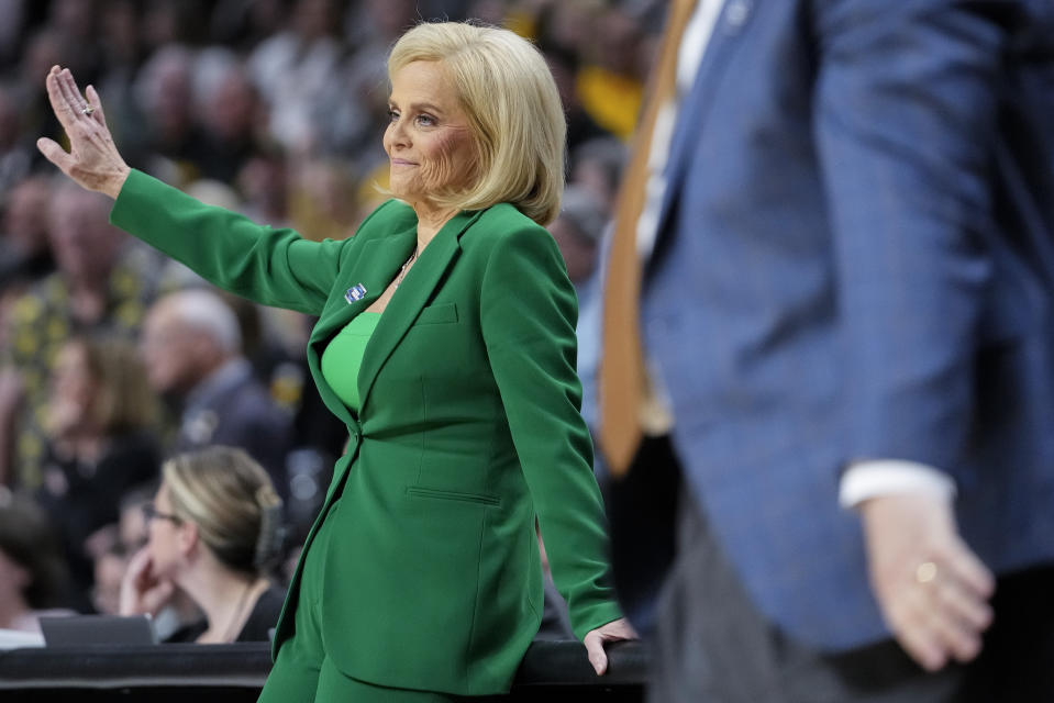 LSU head coach Kim Mulkey reacts during the fourth quarter of an Elite Eight round college basketball game against Iowa during the NCAA Tournament, Monday, April 1, 2024, in Albany, N.Y. (AP Photo/Mary Altaffer)