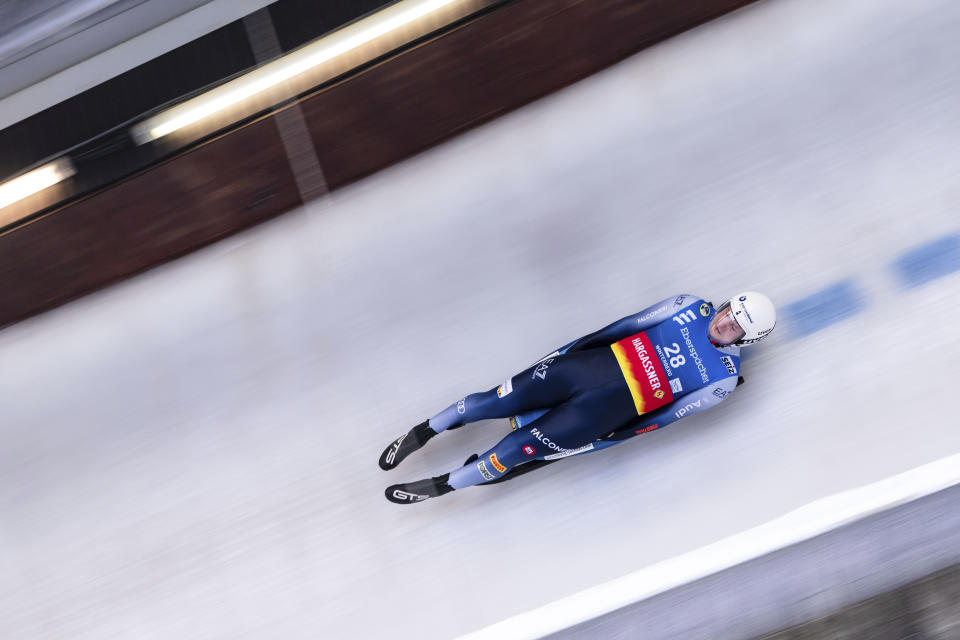 Dominik Fischnaller from Italy sleds through the ice channel during the single-seater men race of the Luge World Cup in Winterberg, Germany, Sunday Jan. 7, 2024. (Marius Becker/dpa via AP)