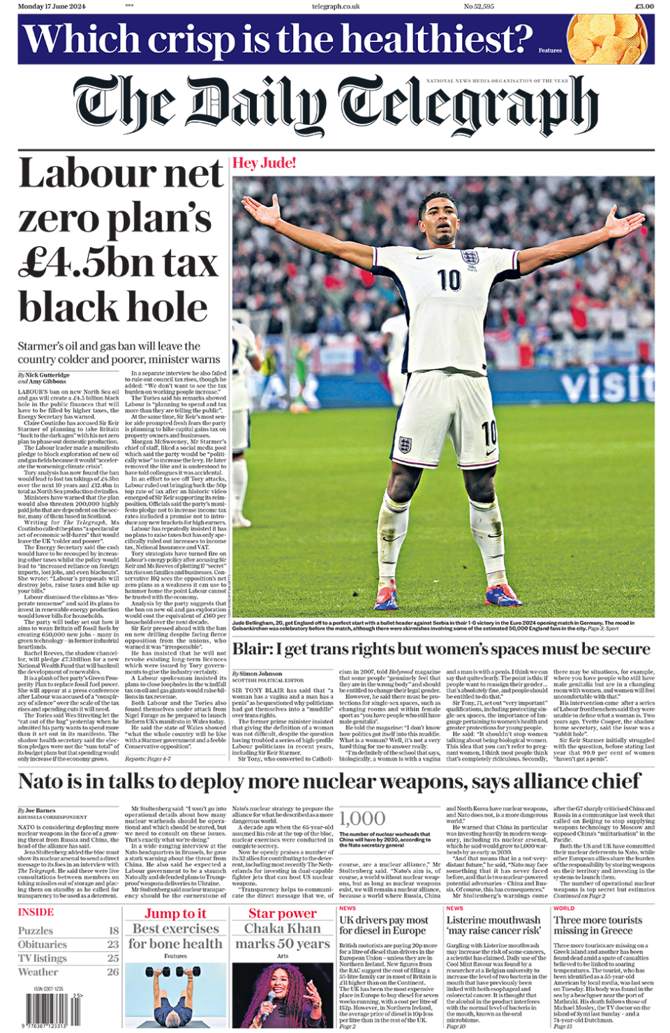 The headline on the front page of the Daily Telegraph reads: "Labour net zero plan's £4.5bn tax black hole"