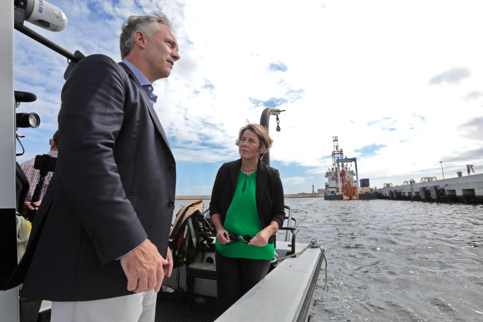 Massachusetts Attorney General Maura Healey and New Bedford Mayor Jon Mitchell take a closer look at the South Terminal during their tour of New Bedford harbor during her stop in the Whaling City.