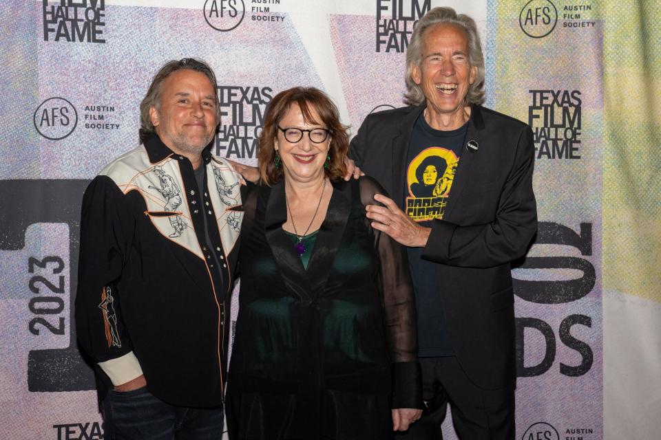 Filmmaker Richard Linklater, from left, and honorees Janet Pierson and John Pierson attend the Austin Film Society's Texas Film Awards at Luck, TX, Willie Nelson’s famed movie set-turned-venue, on March 3 in Spicewood.