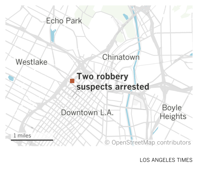 A map of central L.A. showing where police arrested two robbery suspects at the north end of downtown