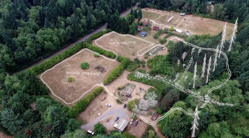 <span class="caption">An aerial view of Volker’s backyard and map by Volker, from the film ‘Phil’s Camino,’ directed by Annie O'Neil.</span> <span class="attribution"><span class="source">Annie O'Neil's documentary</span>, <a class="link " href="http://creativecommons.org/licenses/by/4.0/" rel="nofollow noopener" target="_blank" data-ylk="slk:CC BY;elm:context_link;itc:0;sec:content-canvas">CC BY</a></span>