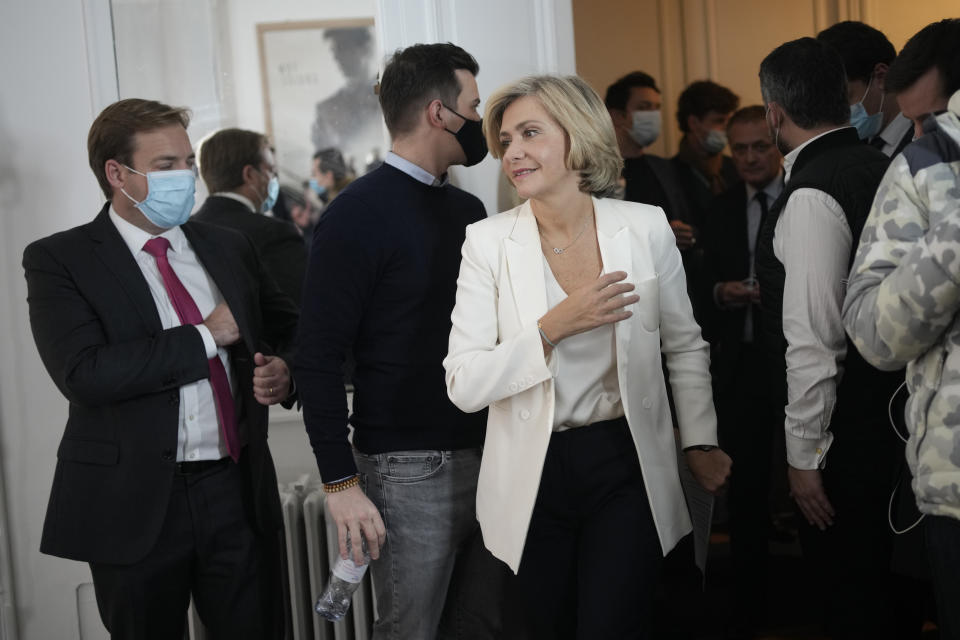 Valerie Pecresse arrives for a press conference at her campaign headquarters Thursday, Dec. 2, 2021 in Paris. Valerie Pecresse, a moderate conservative, will go into a runoff as the favorite to represent the conservative Les Republicains' candidate in the French presidential election in April. Valerie Pecresse will face Eric Ciotti, a right-winger in the party. (AP Photo/Christophe Ena)