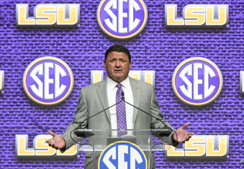 LSU head coach Ed Orgeron speaks during NCAA college football Southeastern Conference media days at the College Football Hall of Fame in Atlanta, Monday, July 16, 2018. (AP Photo/John Amis)