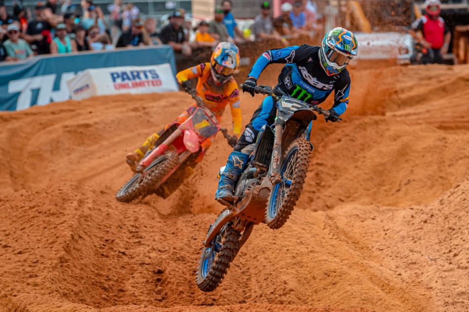 Eli Tomac and Jett Lawrence battle during Moto 2 from Charlotte SMX Playoff 1.<p>Photo Courtesy of Ayala Media / Josh Davey</p>