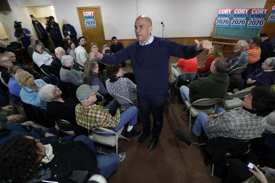 U.S. Sen. Cory Booker, D-N.J., speaks during a meet and greet with local residents at the First Congregational United Church of Christ, Friday, Feb. 8, 2019, in Mason City, Iowa. (AP Photo/Charlie Neibergall)
