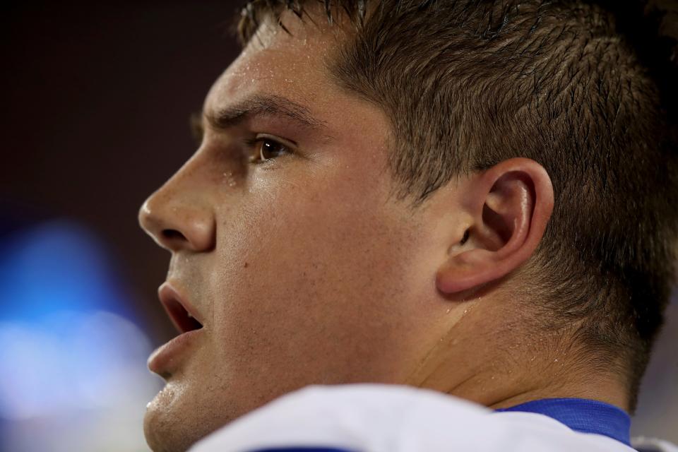 Los Angeles Rams guard Austin Corbett looks onto the field during an NFL football game against the San Francisco 49ers, Monday, Nov. 15, 2021, in Santa Clara, Calif. (AP Photo/Scot Tucker)