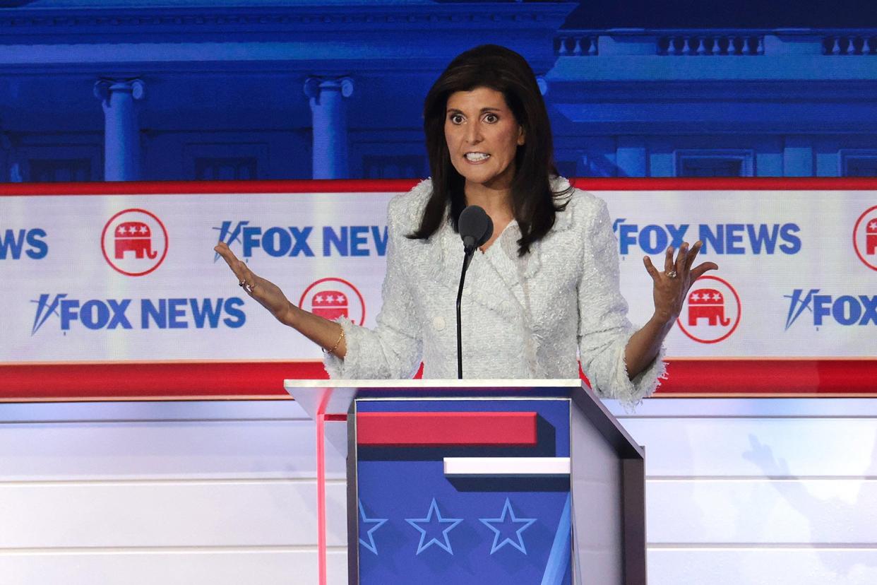 Nikki Haley at the last GOP debate, with an exasperated expression on her face. 