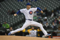 Chicago Cubs starter Keegan Thompson delivers a pitch during the first inning of a baseball game against the Pittsburgh Pirates Tuesday, May 17, 2022, in Chicago. (AP Photo/Paul Beaty)