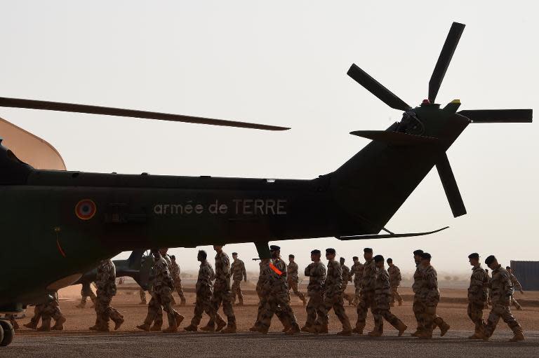 File picture dated on January 2, 2015 shows soldiers at a French base outside the northern Malian city of Gao