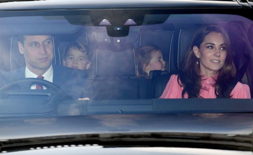 <p>William and Kate with their son Prince George (back center), daughter Princess Charlotte (back right corner), and their nanny Maria Borrallo (left)</p>