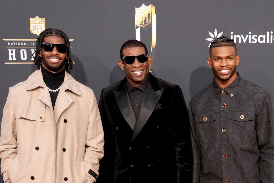 LAS VEGAS, NEVADA - FEBRUARY 08: (L-R) Shedeur Sanders, Deion Sanders, and Shilo Sanders attend the 13th Annual NFL Honors at Resorts World Theatre on February 08, 2024 in Las Vegas, Nevada. (Photo by Jeff Kravitz/FilmMagic)